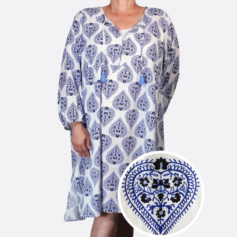 J.Crew 100% Cotton Tassel Tie XXL 2X Blue White Tunic Dress Boho Chic